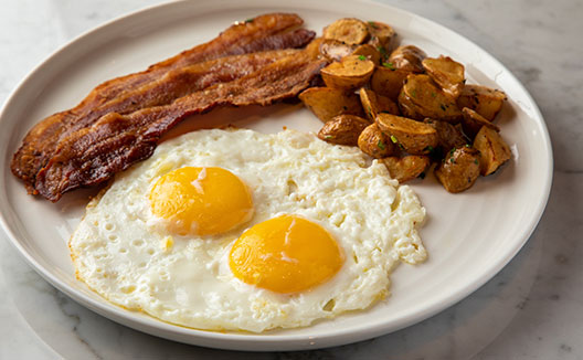 Eggs, bacon and potatoes on a plate