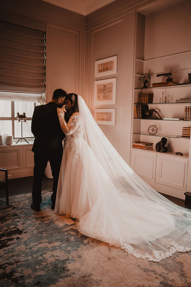 Bride and Groom in the Library at the Hotel Palomar Philly