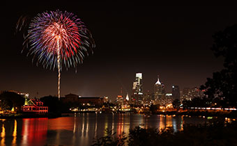 Philadelphia at night with fireworks